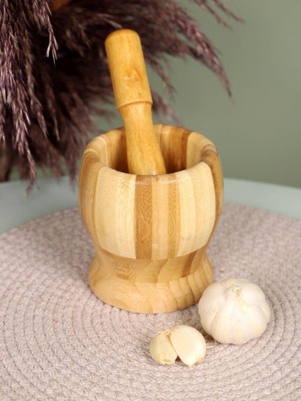 Doğal Bambu Ahşap Sarımsak Ezeceği Havan Orta Boy